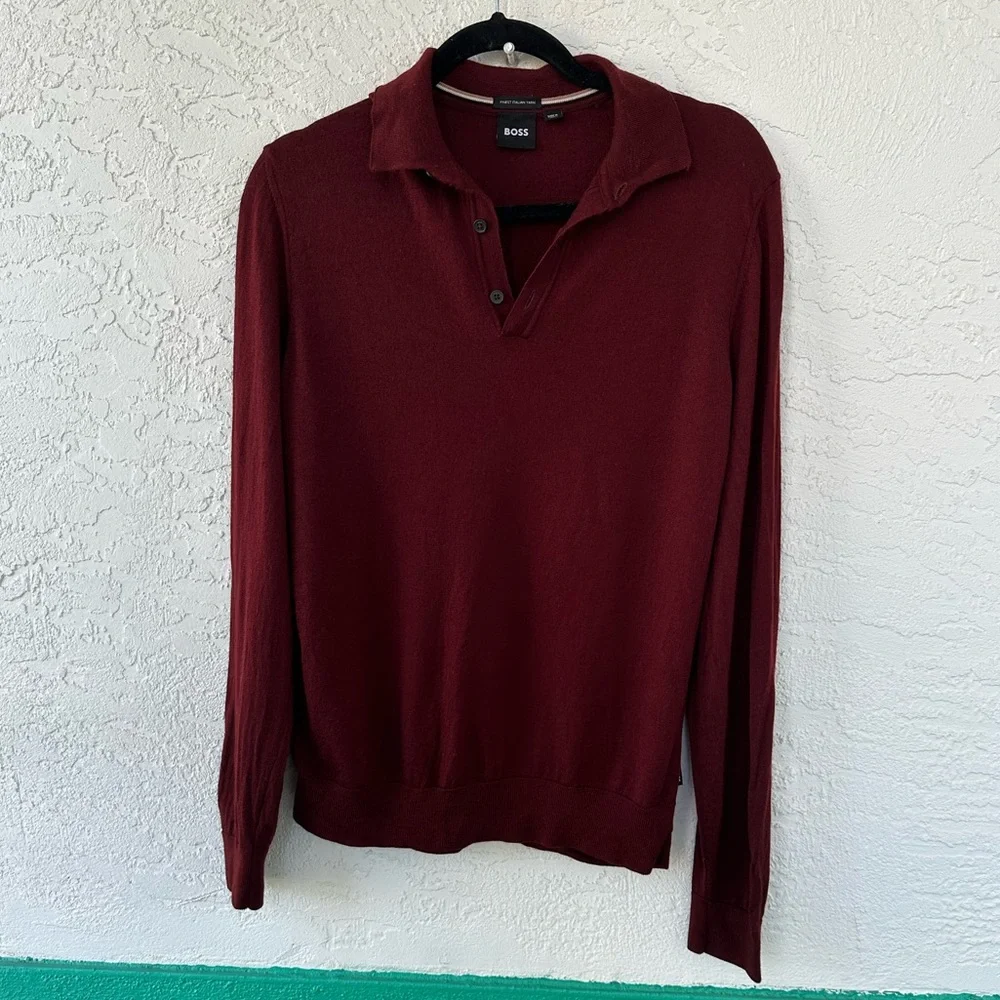 Hugo Boss Virgin Wool Polo V Neck Long Sleeve Maroon Large Soft Mens Sweater